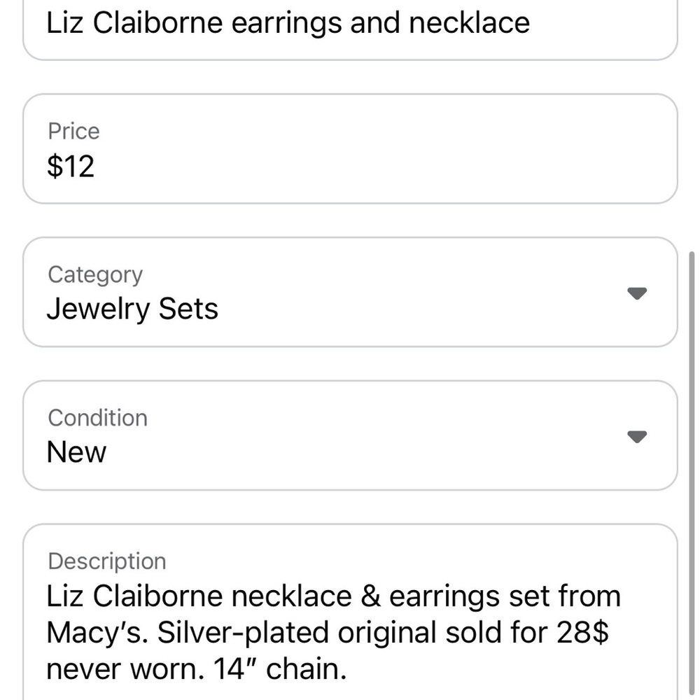 Liz Claiborne necklace & earrings set Silver-plated 14”